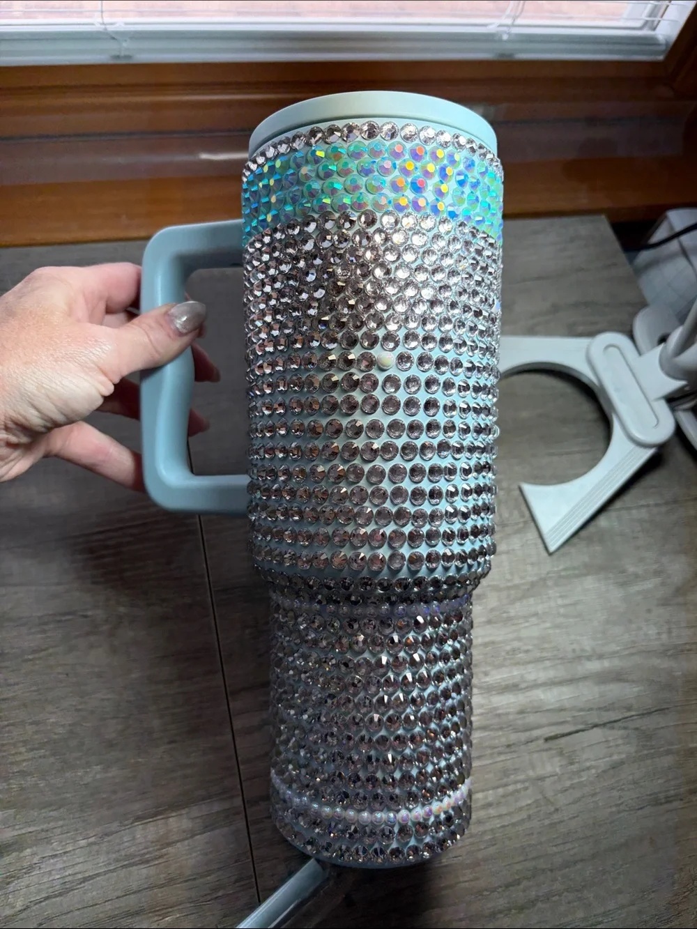 Crystal-Embellished Light Blue Travel Tumbler with Handle